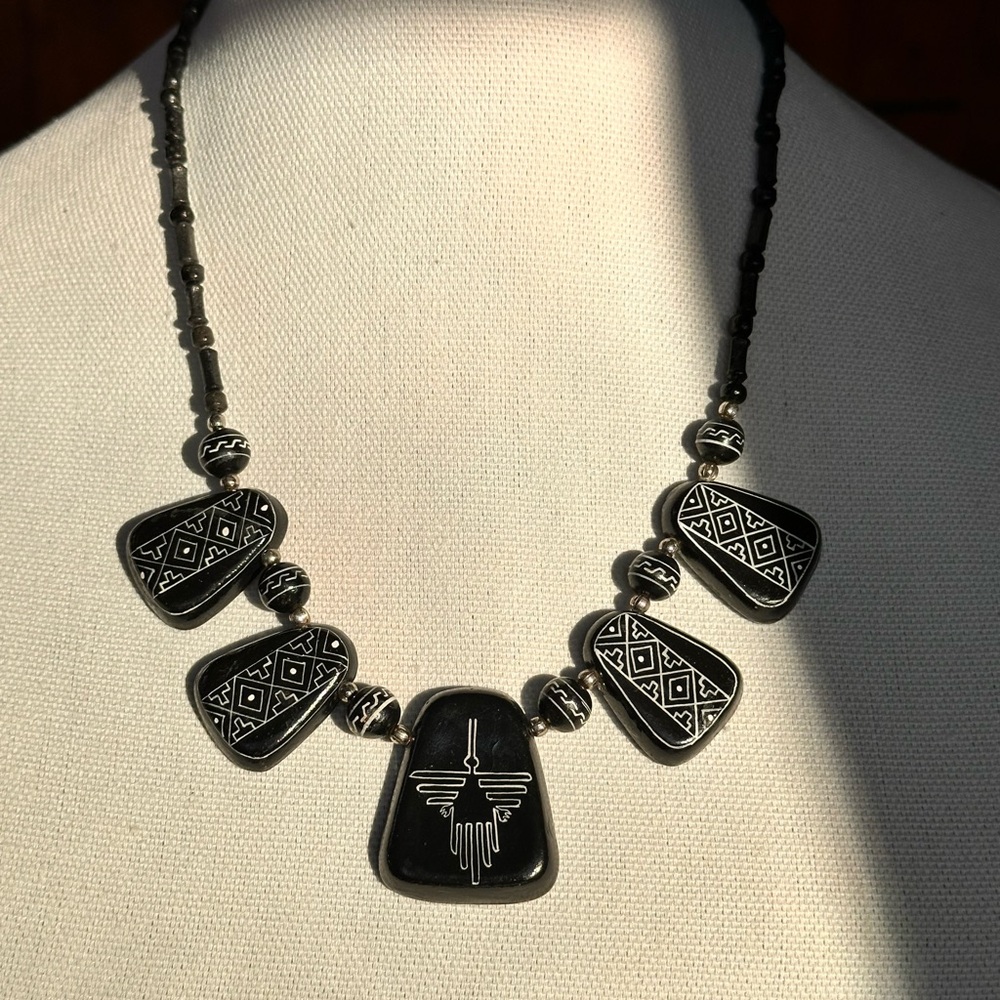 HAND PAINTED Native American design. Elegant Black and Silver Pendant Necklace